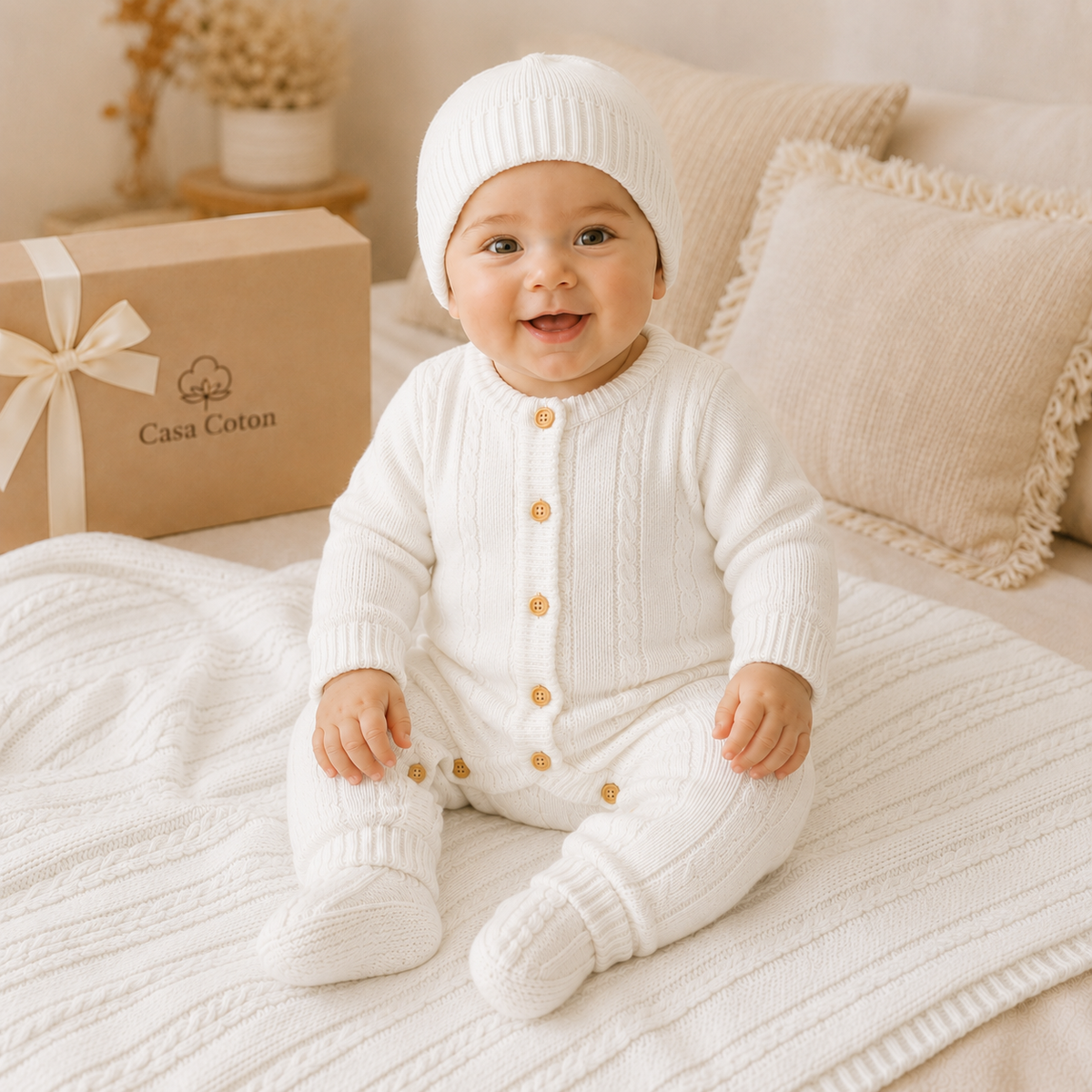 Bébé en combinaison et bonnet blancs en maille, assis devant une boîte cadeau Casa Coton