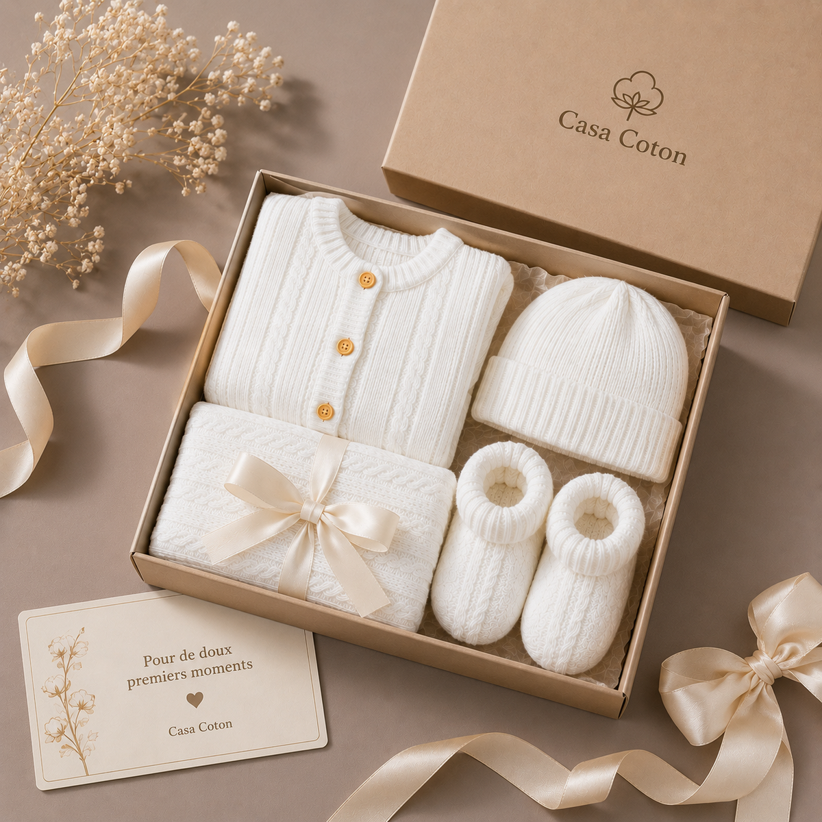 Coffret cadeau de naissance Casa Coton en maille, présenté ouvert avec ses vêtements bébé