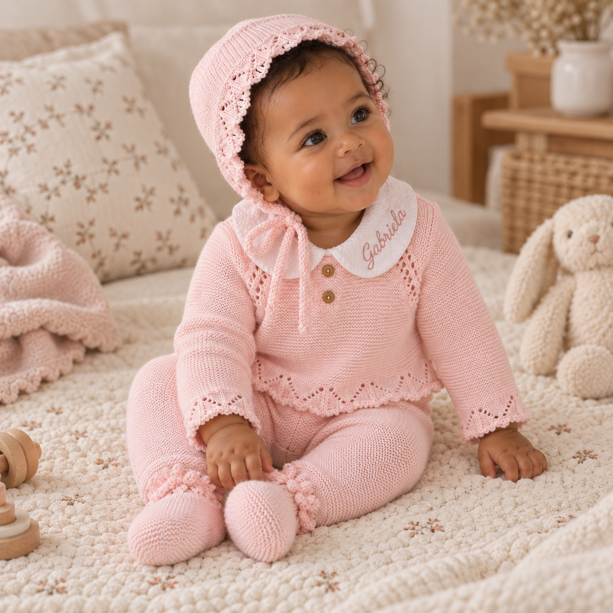 Bébé assis portant l’ensemble Gabriela en maille rose avec son bonnet