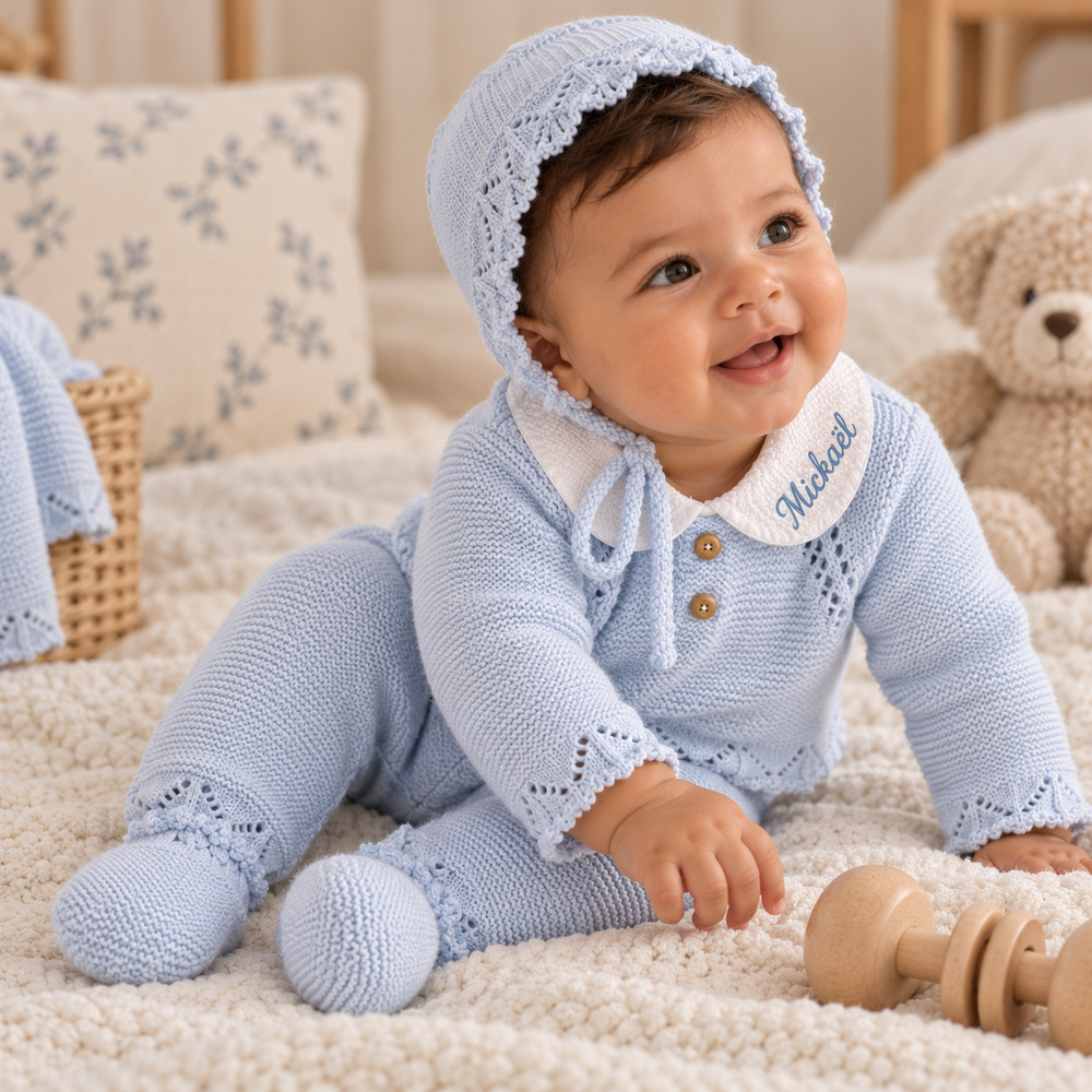 Bébé assis portant un ensemble bébé en maille bleu ciel et son bonnet assorti