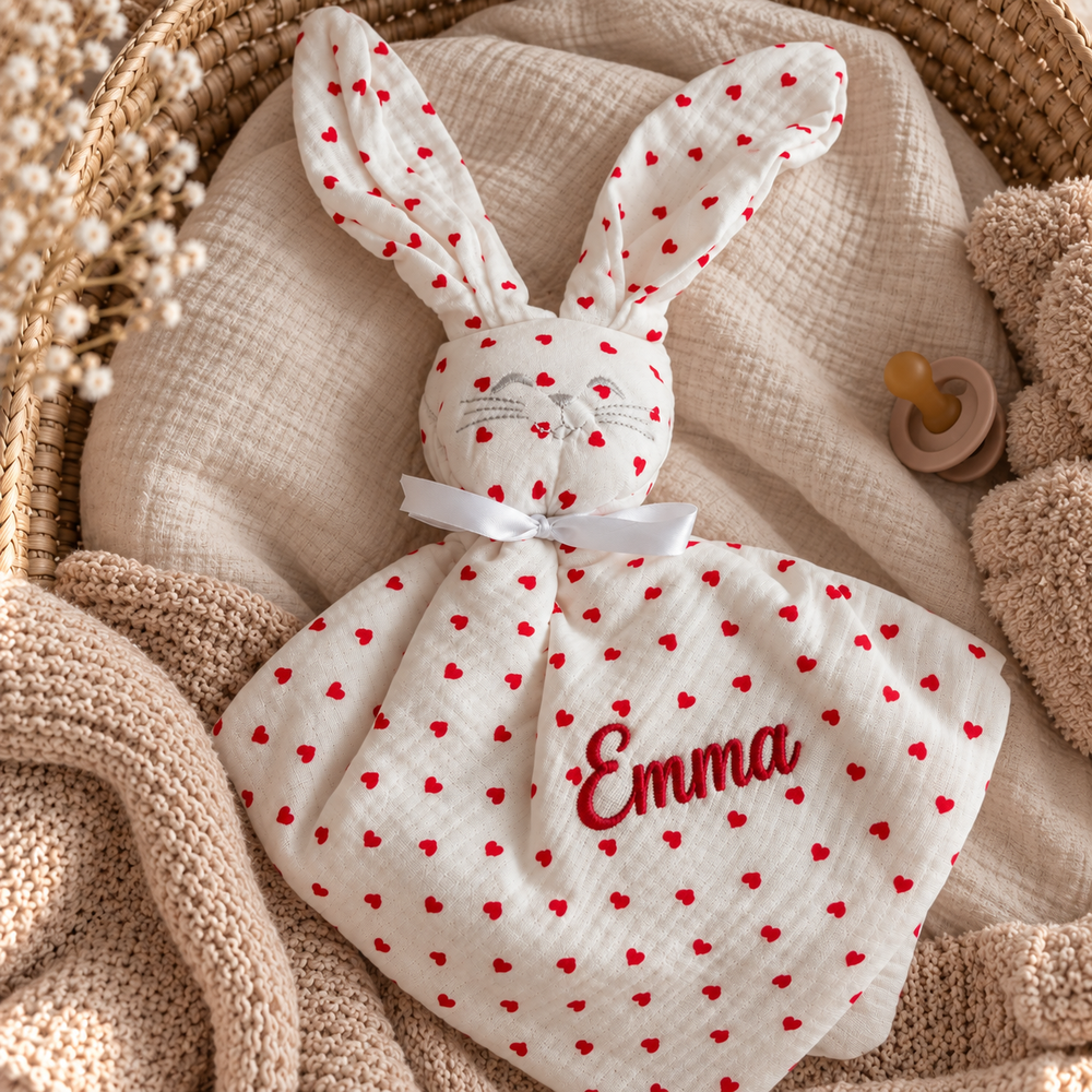 Doudou lapin bébé en gaze de coton brodé au prénom, idée de cadeau de naissance