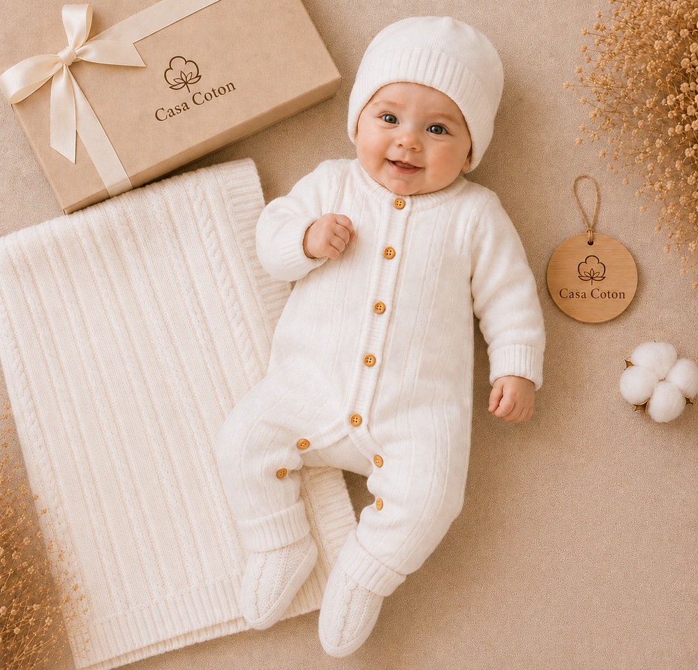 Bébé allongé en combinaison et bonnet blancs en maille, entre sa couverture assortie et une boîte cadeau Casa Coton à ruban