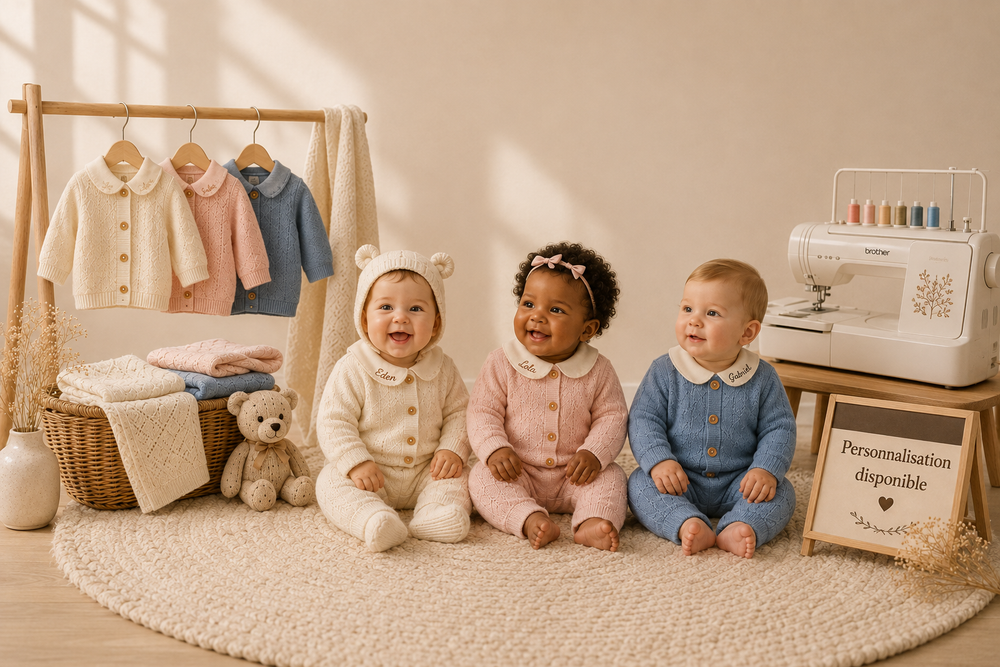 Trois bébés de tailles différentes portant des vêtements en maille Casa Coton