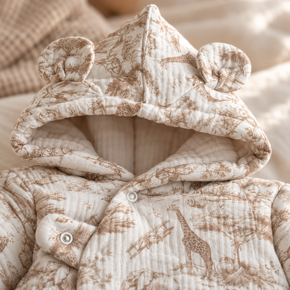 Combinaison pilote Safari beige, détail de la capuche à petites oreilles