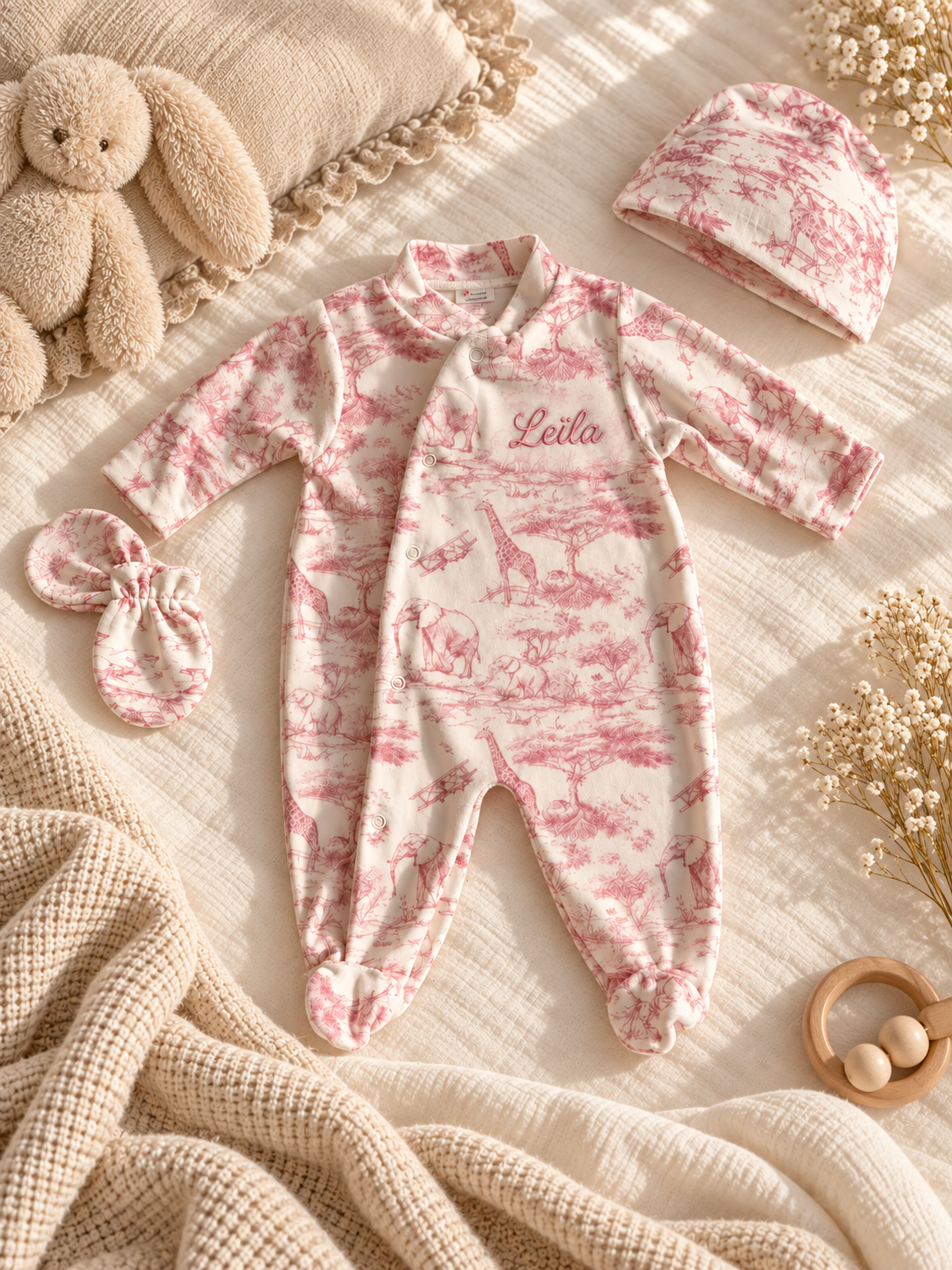 Pyjama en velours 3 pièces - Safari, coloris rose
