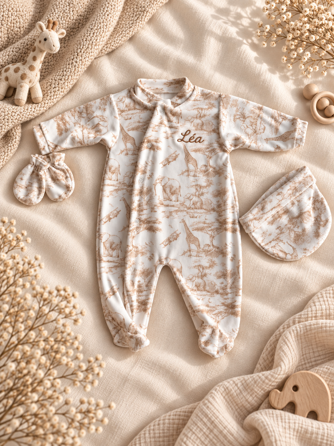 Pyjama en velours 3 pièces - Safari, coloris beige