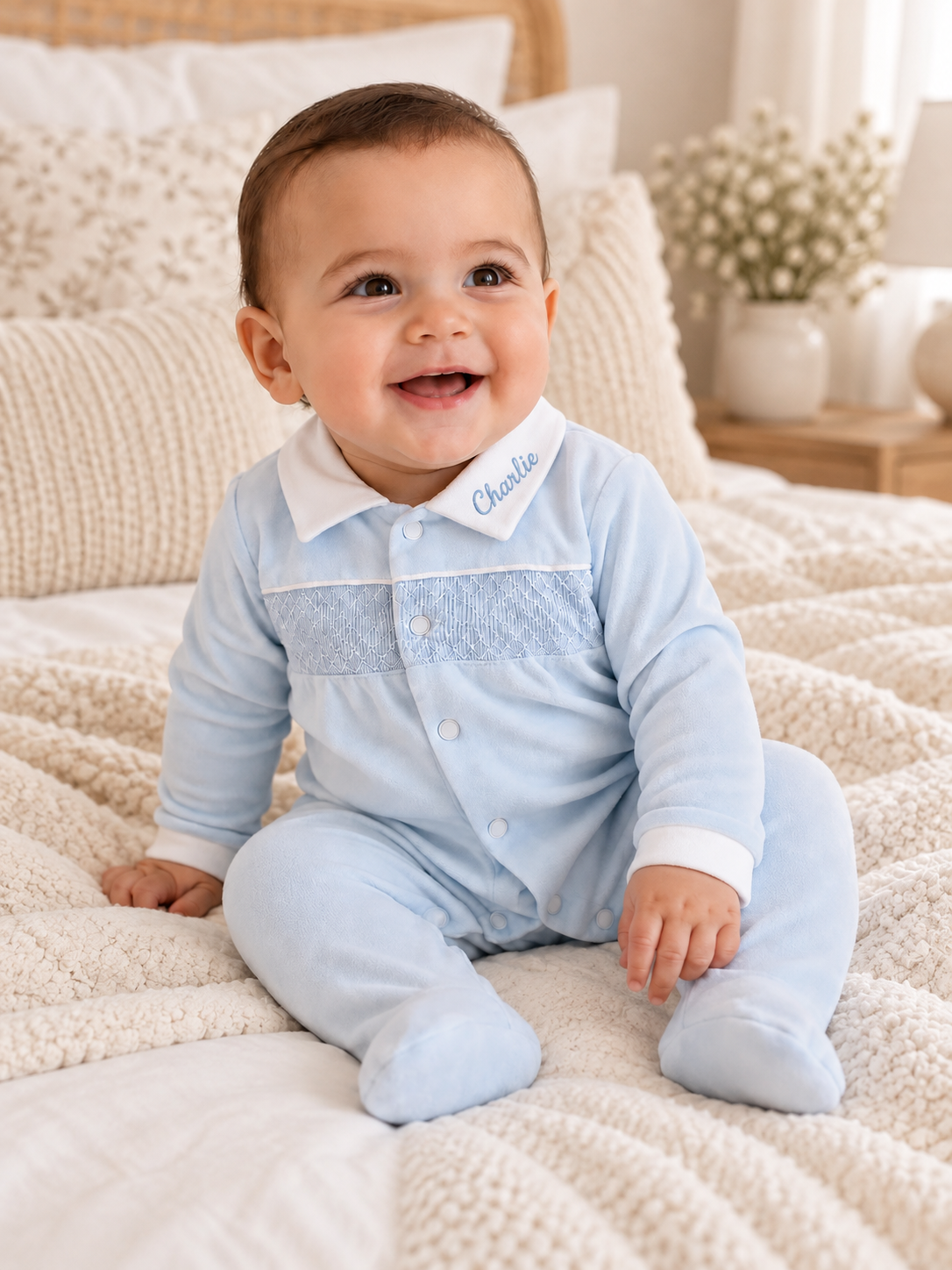 Pyjama bébé Charlie en velours bleu ciel à empiècement smocké, présenté à plat