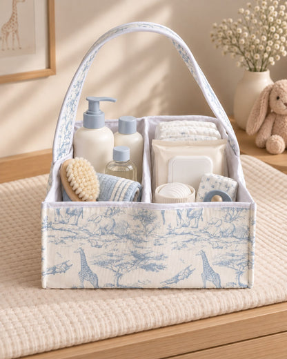 Panier de rangement Safari en toile de Jouy bleue, avec ses compartiments