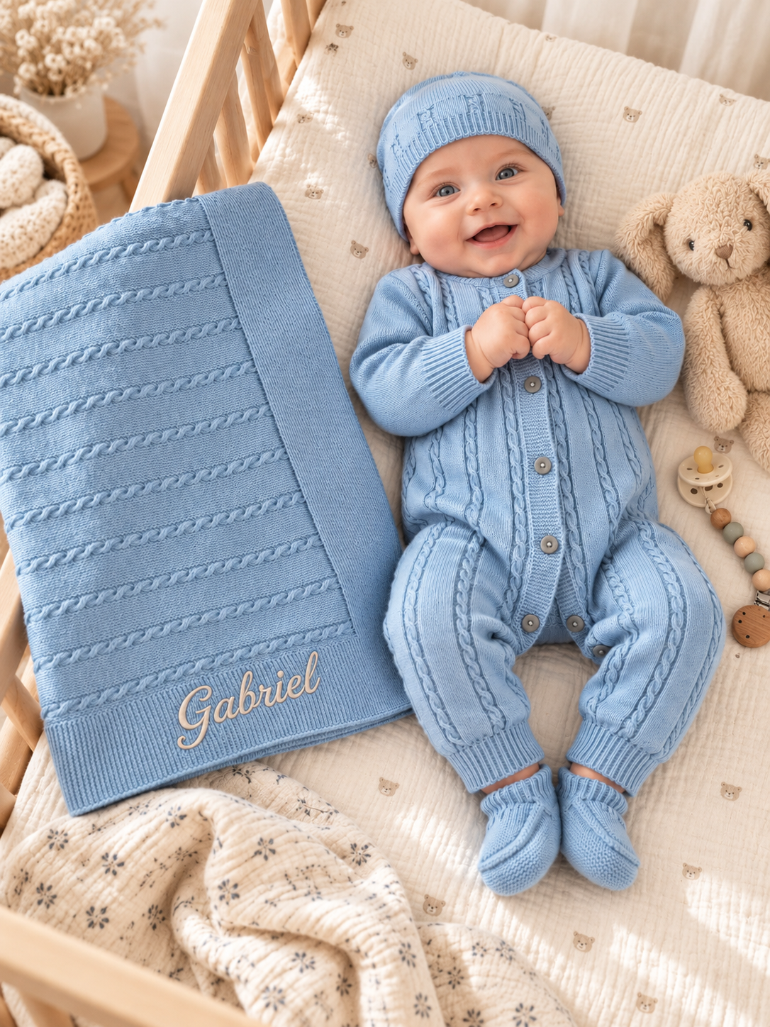 Ensemble de naissance en maille bleu ciel, pièces présentées à plat, prénom brodé
