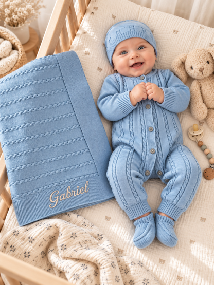 Ensemble de naissance en maille bleu ciel, pièces présentées à plat, prénom brodé