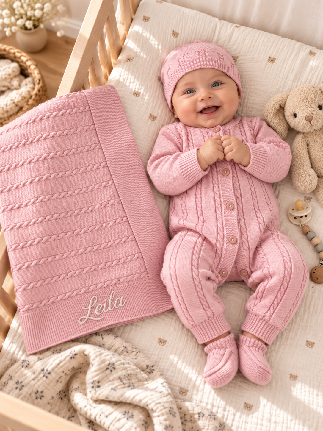 Ensemble de naissance Casa Coton en maille rose poudré