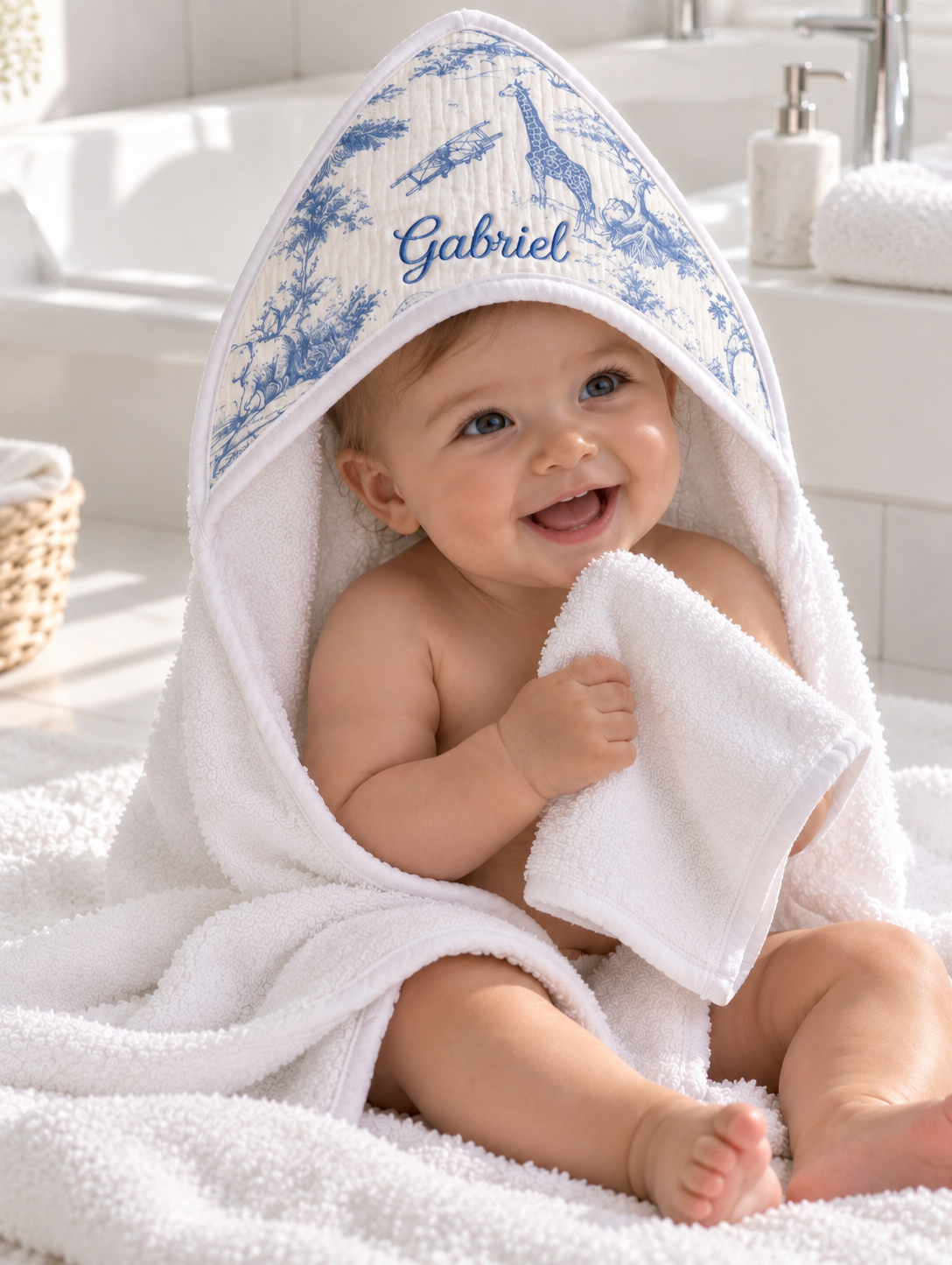 Cape de bain Safari bleue portée par un bébé, prénom brodé sur la capuche