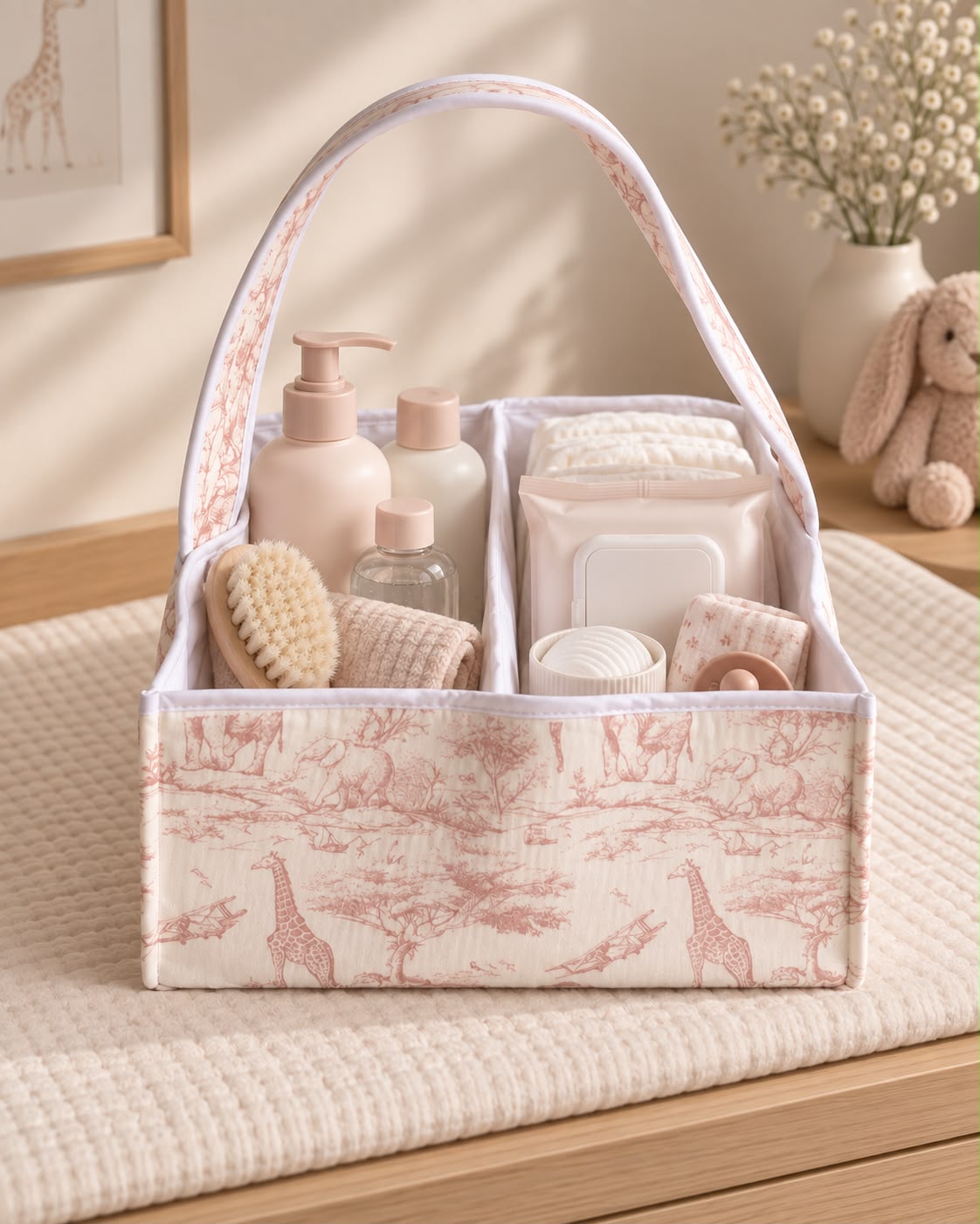 Panier de rangement Safari en toile de Jouy rose, avec ses compartiments