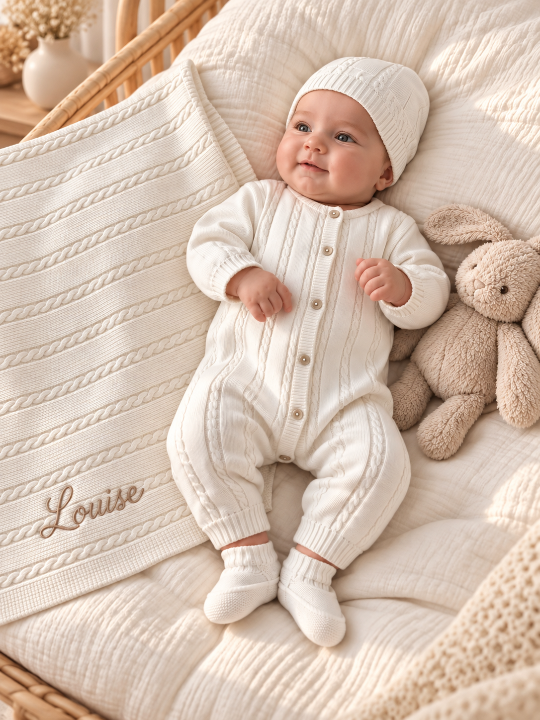 Ensemble de naissance en maille blanche, pièces présentées à plat, prénom brodé [color:blanc]