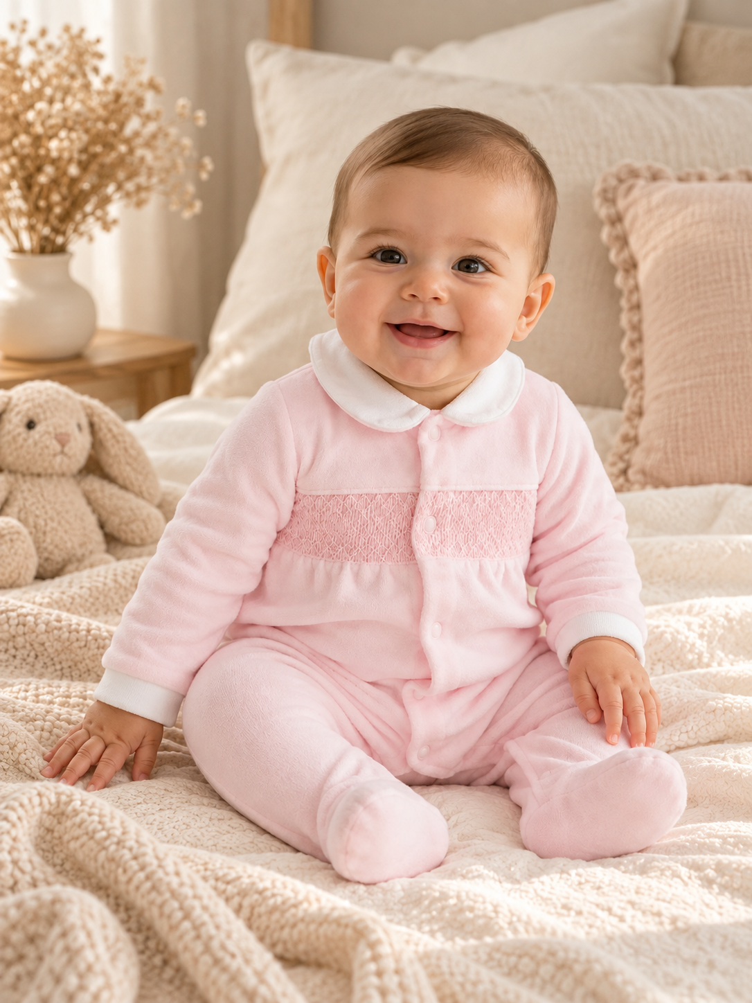 Pyjama bébé Charlie en velours rose poudré, empiècement smocké et col blanc, présenté à plat