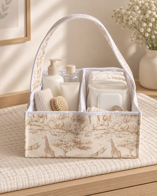 Panier de rangement Safari en toile de Jouy beige, avec ses compartiments