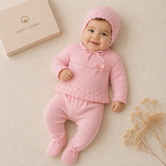 Bébé portant l’ensemble Elena en maille rose avec son béguin