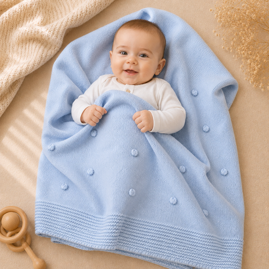 Bébé enveloppé dans la grande couverture Léo en maille bleu clair à pois brodés