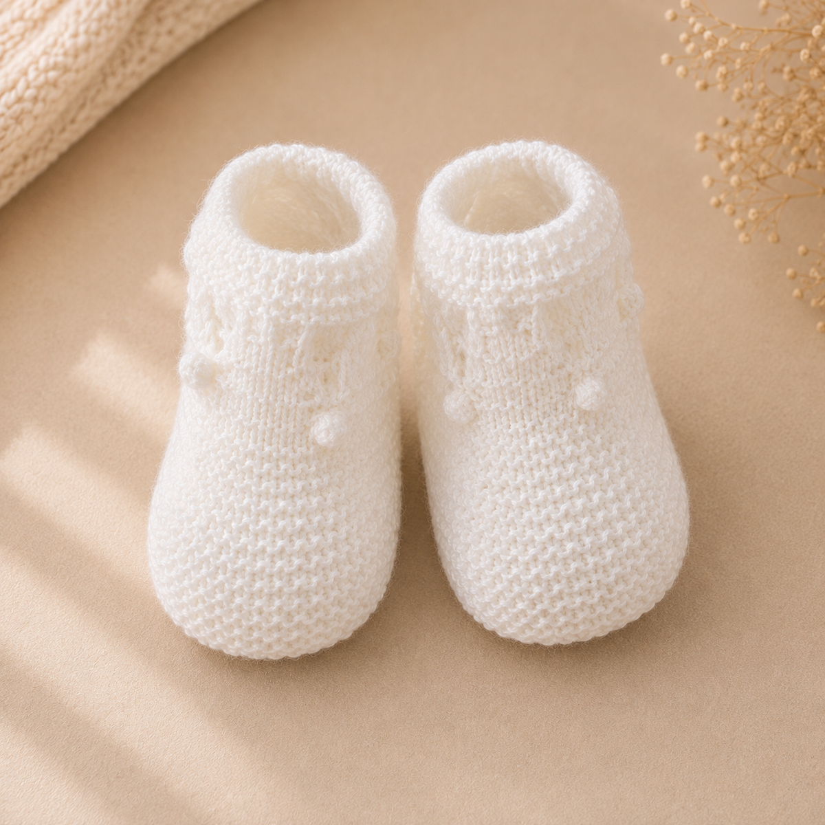 Chaussons bébé Nino en maille blanche à pompons, présentés à plat