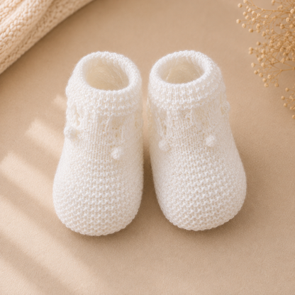 Chaussons bébé Nino en maille blanche à pompons, présentés à plat