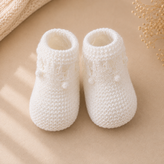 Chaussons bébé Nino en maille blanche à pompons, présentés à plat