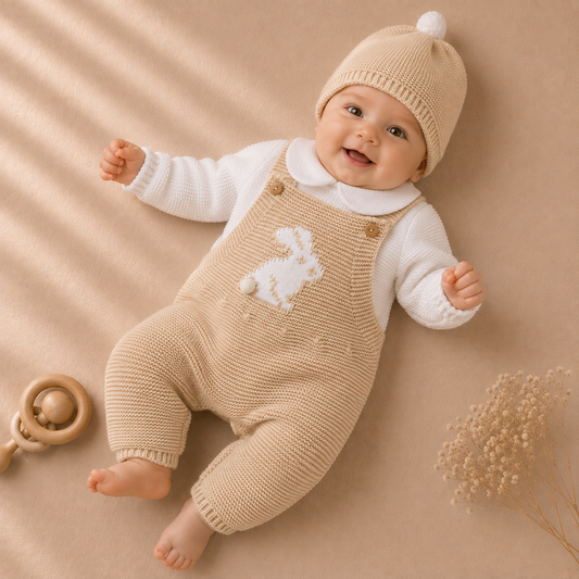Bébé portant l’ensemble Sacha : salopette en maille beige à motif lapin et blouse blanche