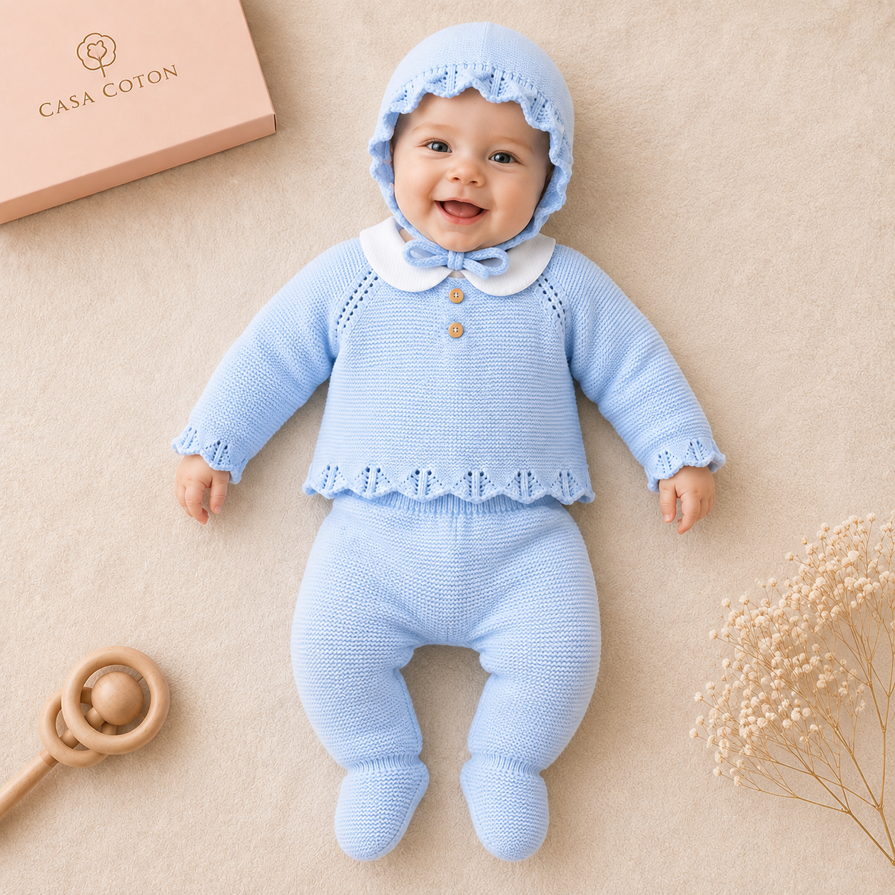 Bébé portant l’ensemble Gabriela en maille bleu clair