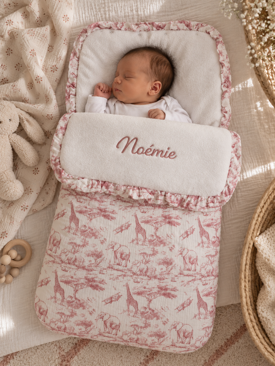 Nid d'ange bébé Safari en toile de Jouy rose, prénom brodé sur le rabat