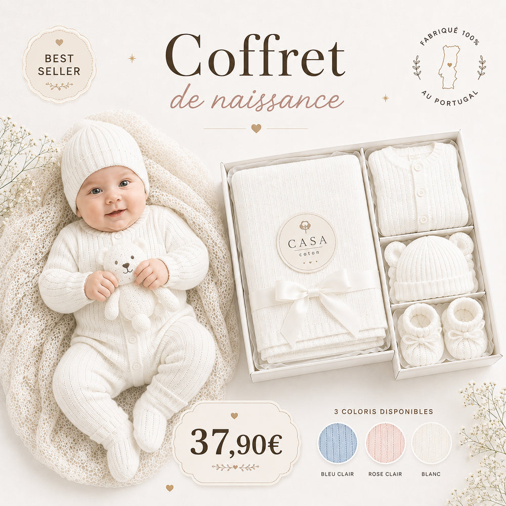 Coffret de naissance Casa Coton : bonnet, gilet, culotte de couche et chaussons