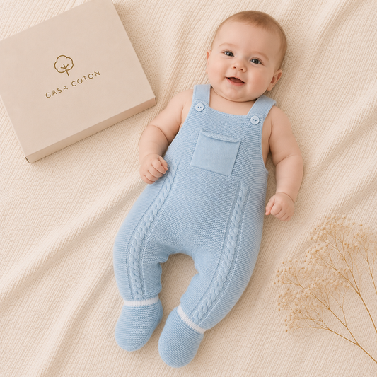 Bébé portant la salopette Gabriel en maille torsadée bleu clair