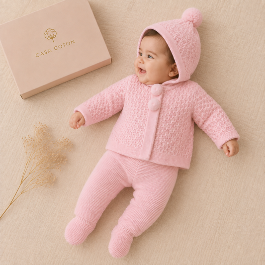 Bébé portant l’ensemble Mia en maille rose : gilet à capuche et pantalon
