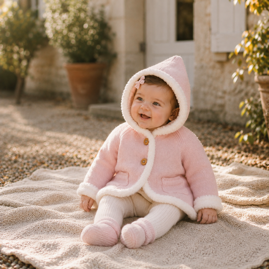 Bébé assis portant le manteau Eden en maille rose à capuche