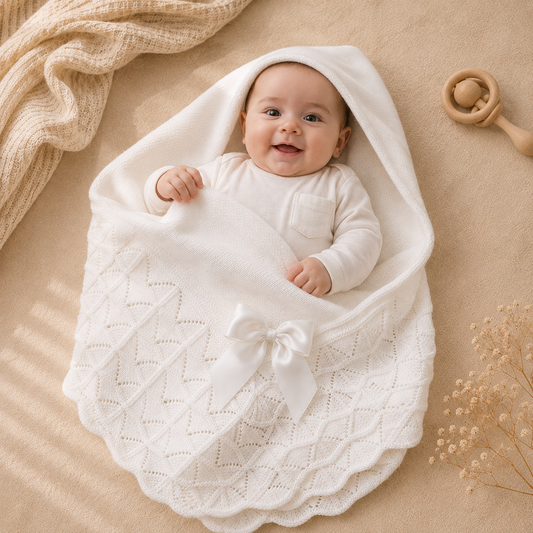 Bébé emmailloté dans la grande couverture Luna en maille blanche ajourée
