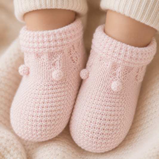 Chaussons bébé Nino en maille rose, portés