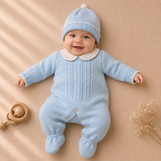 Bébé portant la combinaison Nilo en maille bleu clair