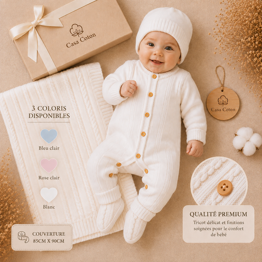 Coffret de naissance Casa Coton : bébé entouré de la combinaison, couverture, bonnet et chaussons en maille