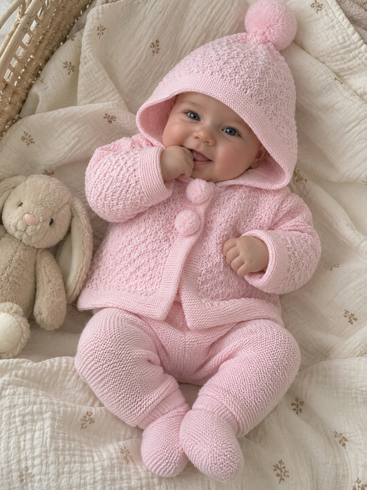 Bébé portant l’ensemble Mia en maille rose avec son bonnet à pompon
