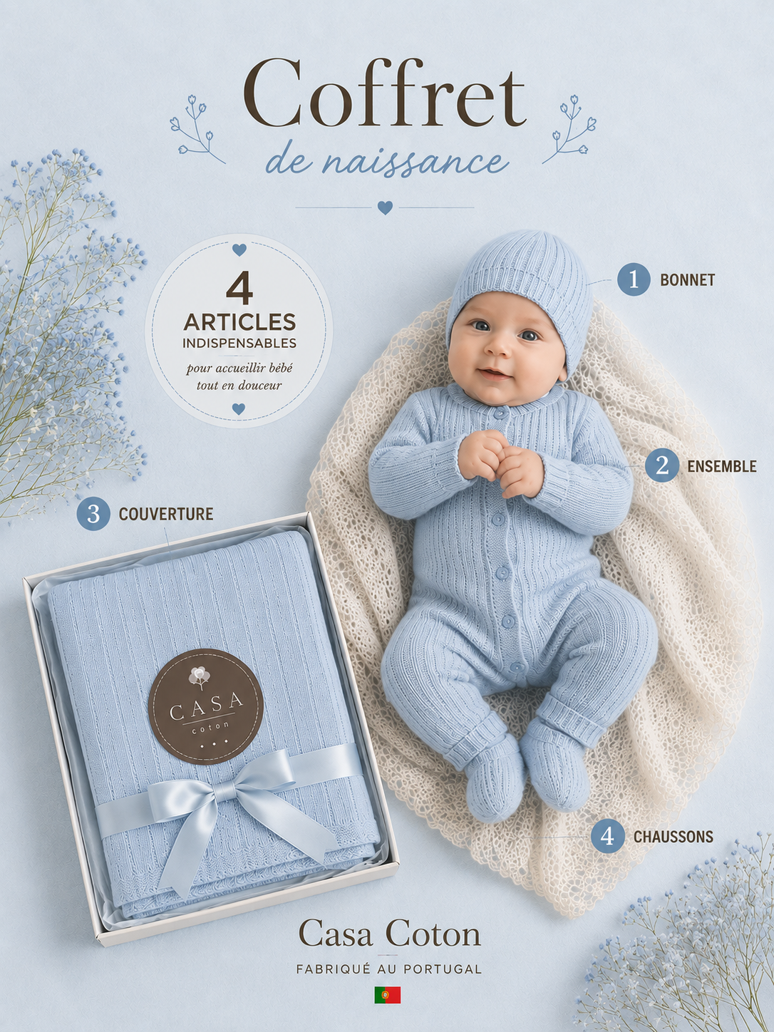 Coffret Naissance - Combinaison, couverture, bonnet et chaussons