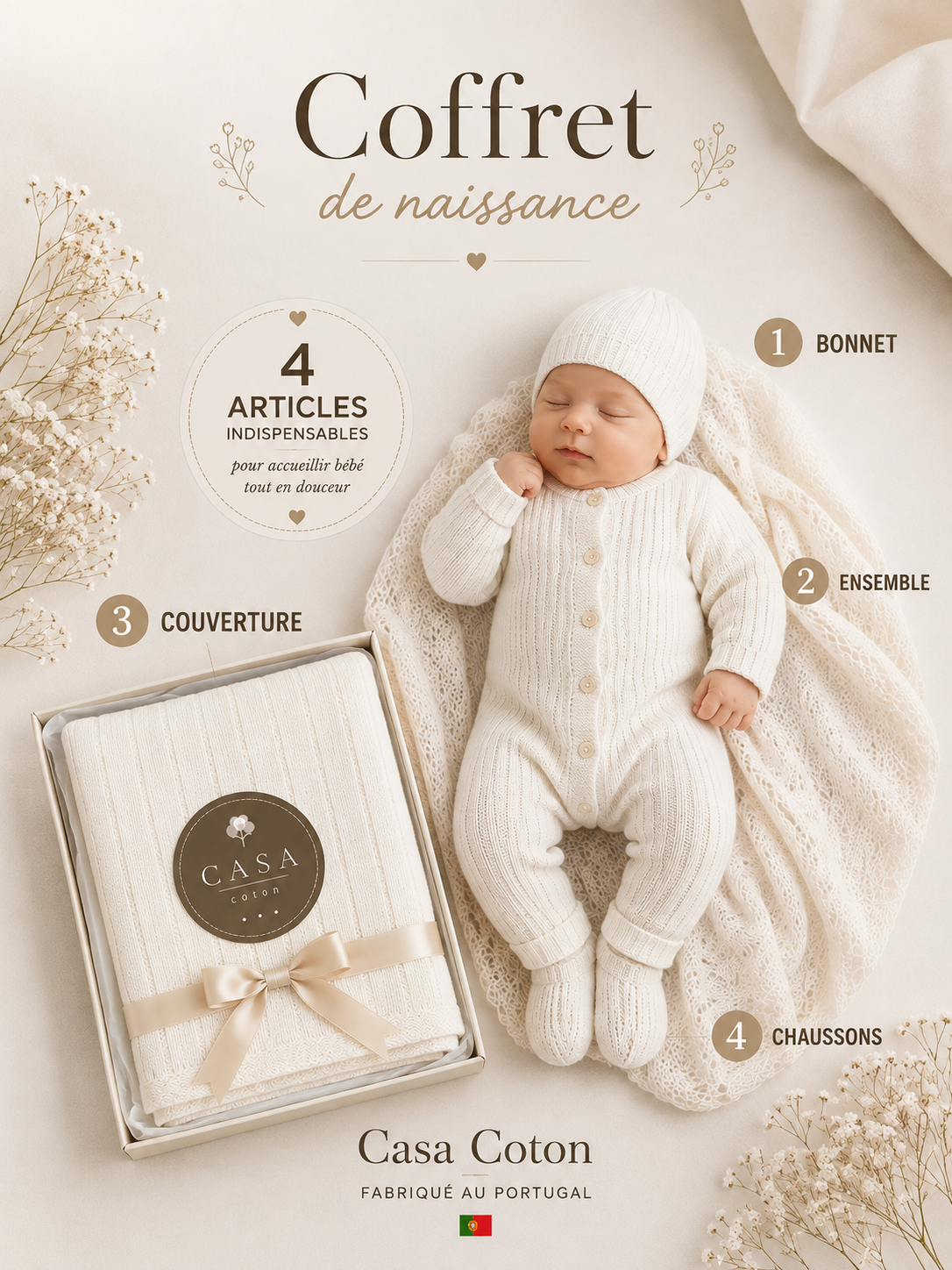 Coffret Naissance - Combinaison, couverture, bonnet et chaussons