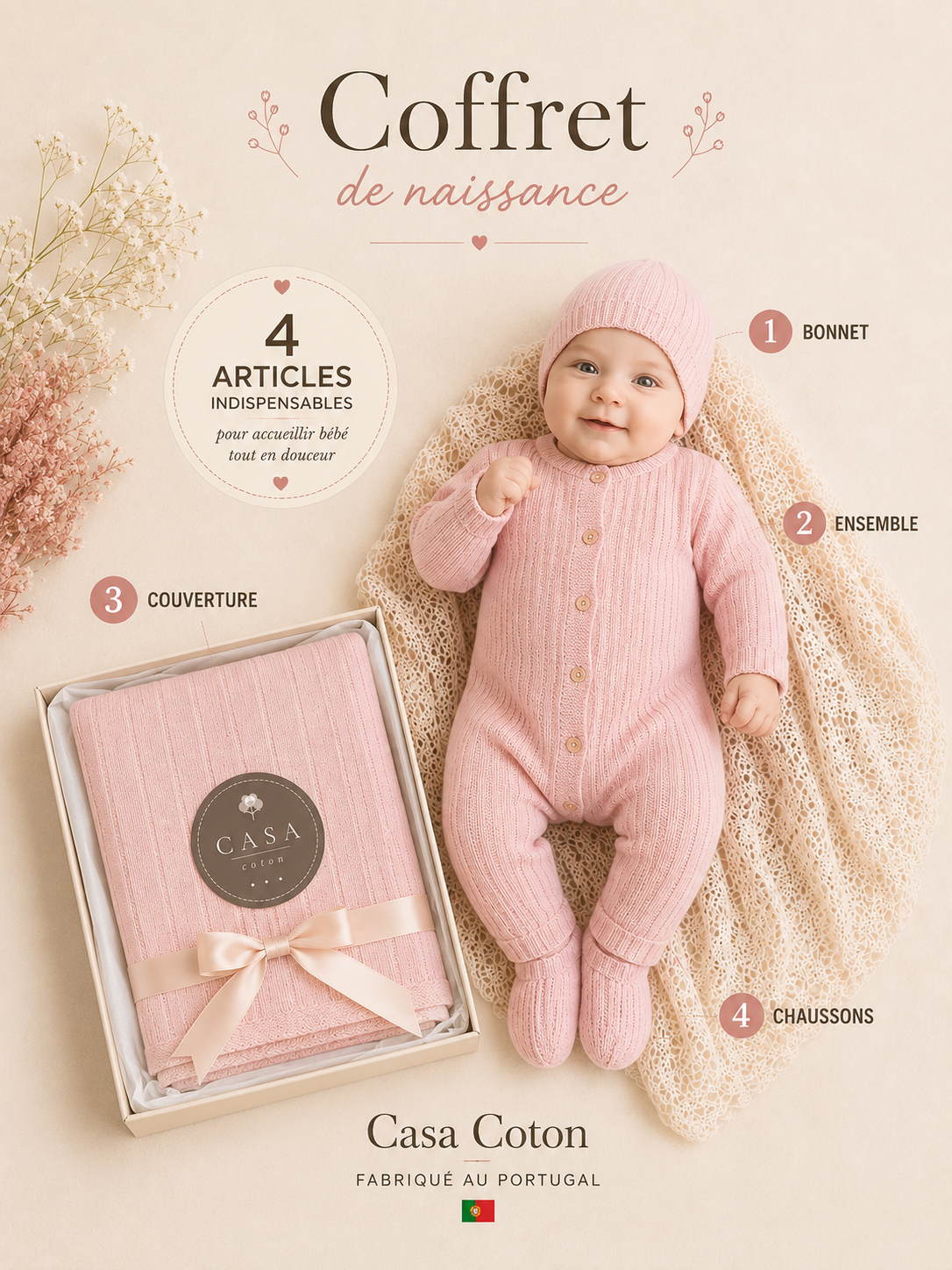 Coffret Naissance - Combinaison, couverture, bonnet et chaussons