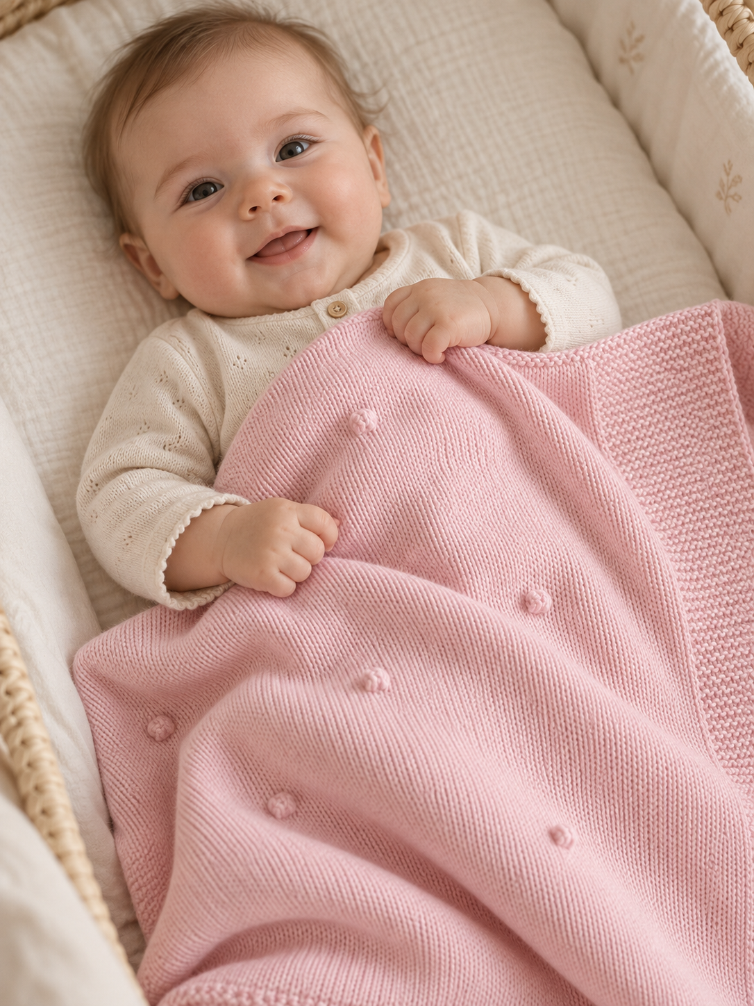 Bébé enveloppé dans la grande couverture Léo en maille popcorn rose