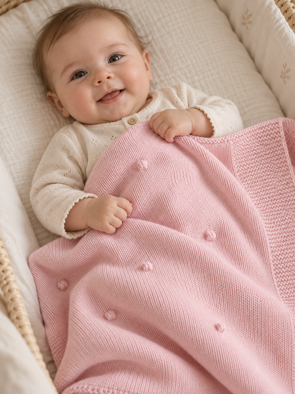 Bébé enveloppé dans la grande couverture Léo en maille popcorn rose