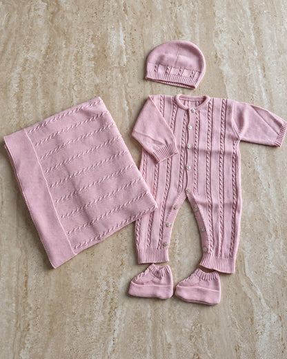 Ensemble de naissance Casa Coton en maille rose poudré