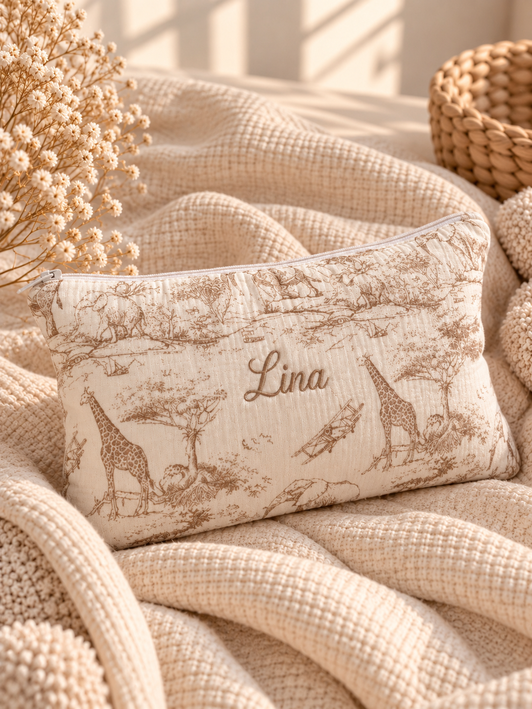 Trousse de toilette Safari beige en toile de Jouy beige, prénom brodé
