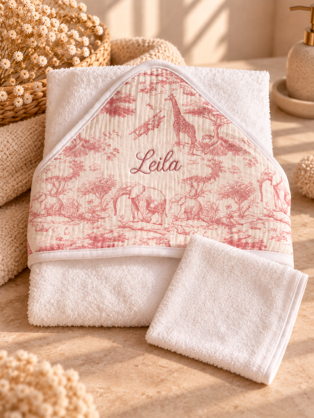 Cape de bain Safari en toile de Jouy rose, posée à plat avec son gant de toilette