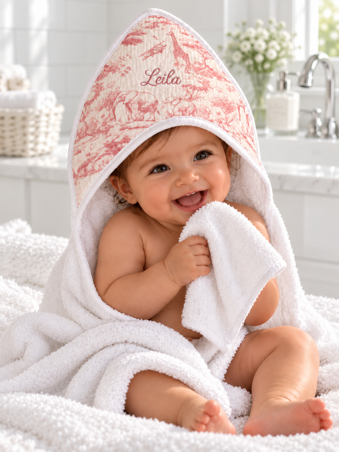 Cape de bain Safari rose portée par un bébé, prénom brodé sur la capuche