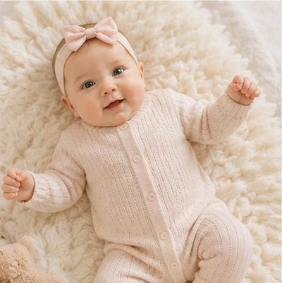 Bébé souriant en pyjama rose poudré
