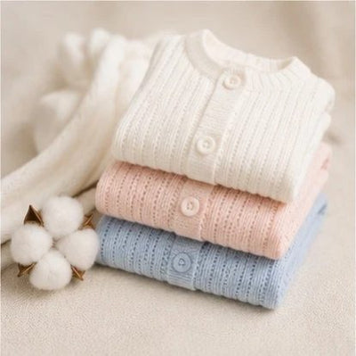 Cardigans en coton empilés, blanc, rose et bleu